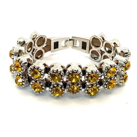 Bracelet Yellow Crystal Sliding Beads Brown Leather Silver Tone Clasp Statement - Picture 1 of 12